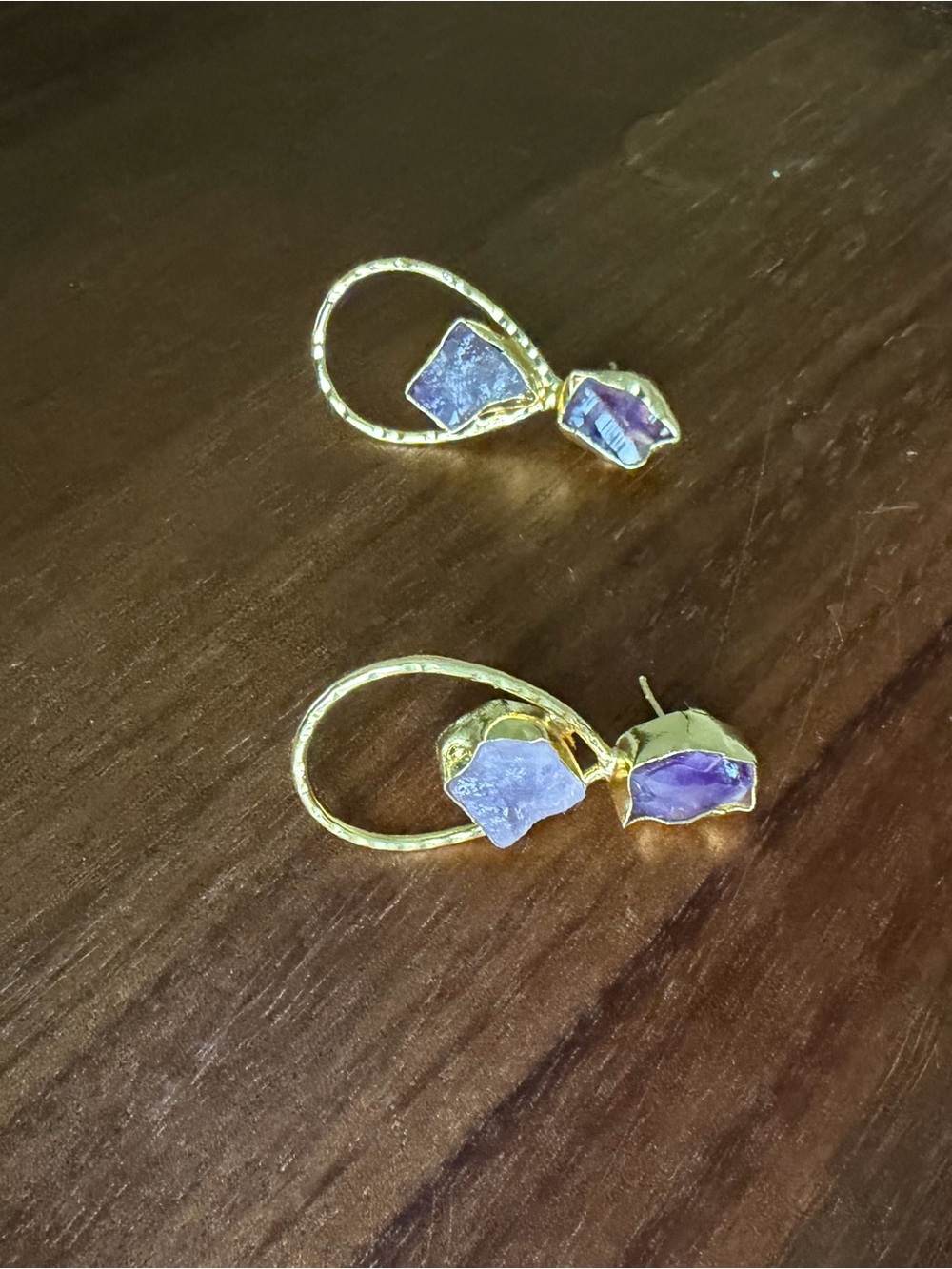 Gold Plated Purple Raw Stone Drop Earrings - Women Jewelry